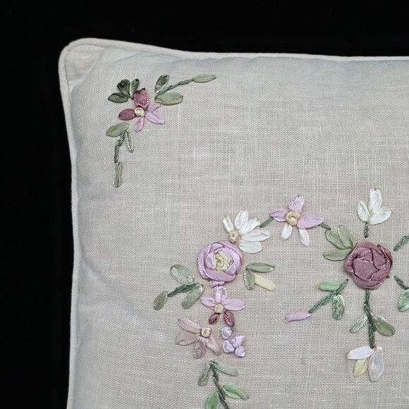 Handmade Linen Small Throw Pillow Silk Floral Embroidery 11" Square - Picture 2 of 9